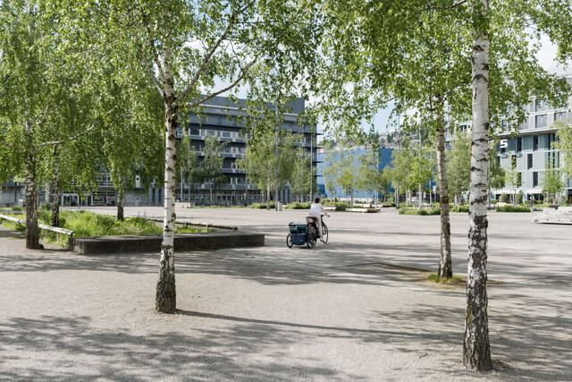 Der Zwhatt-Platz ist Zentrum des neuen Entwicklungsgebietes und integriert in die Furttalpromenade, die Zwhatt mit den umliegenden Quartieren verbindet (Beispielbild Turbinenplatz, Zürich).