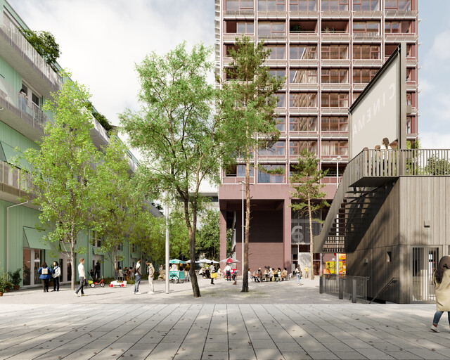 Das Sommerkino, die Holzhochhaus-Arkade und die Furttal-Promenade im Herzen von Zwhatt.